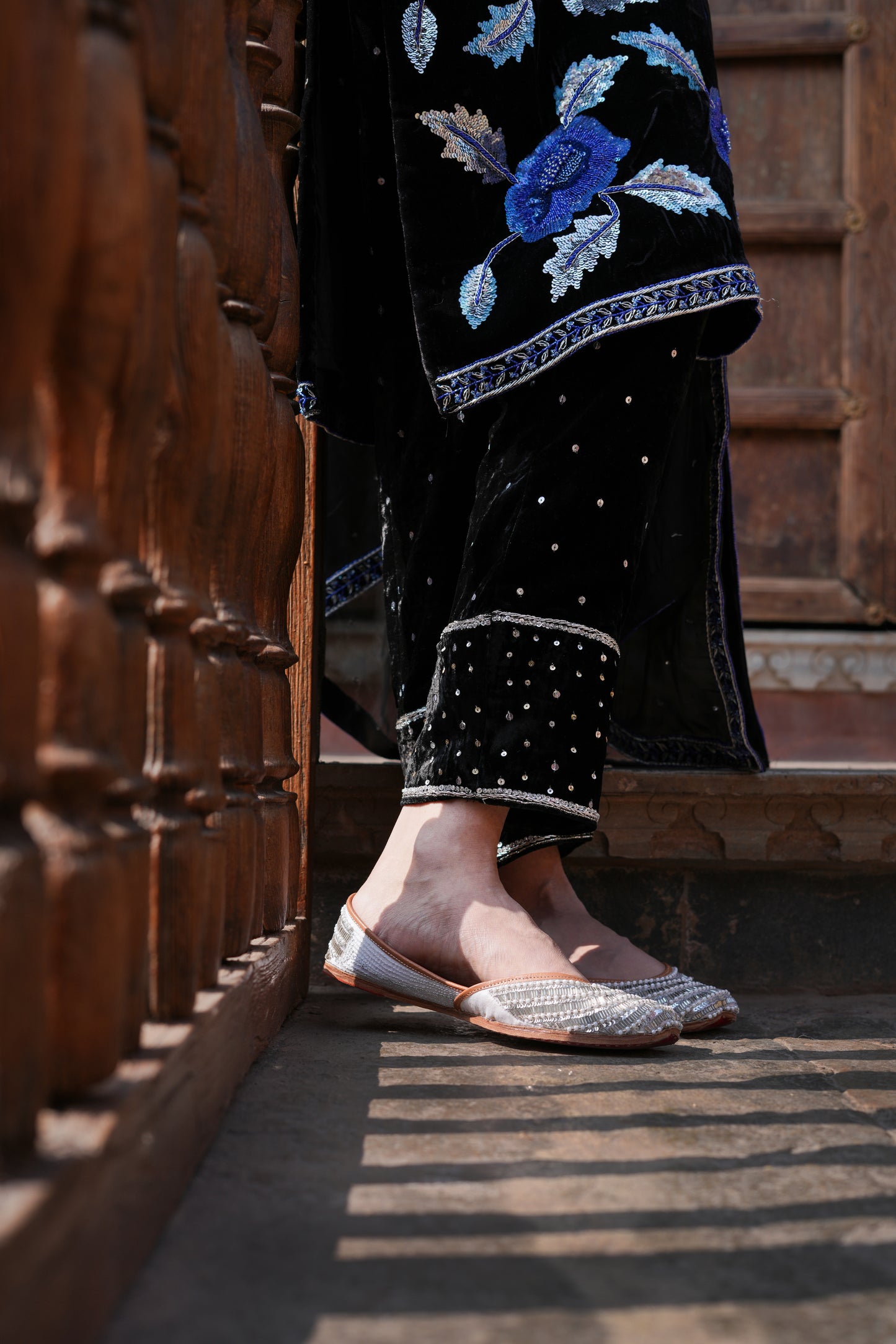 Black, Blue Flower Jaal Suit