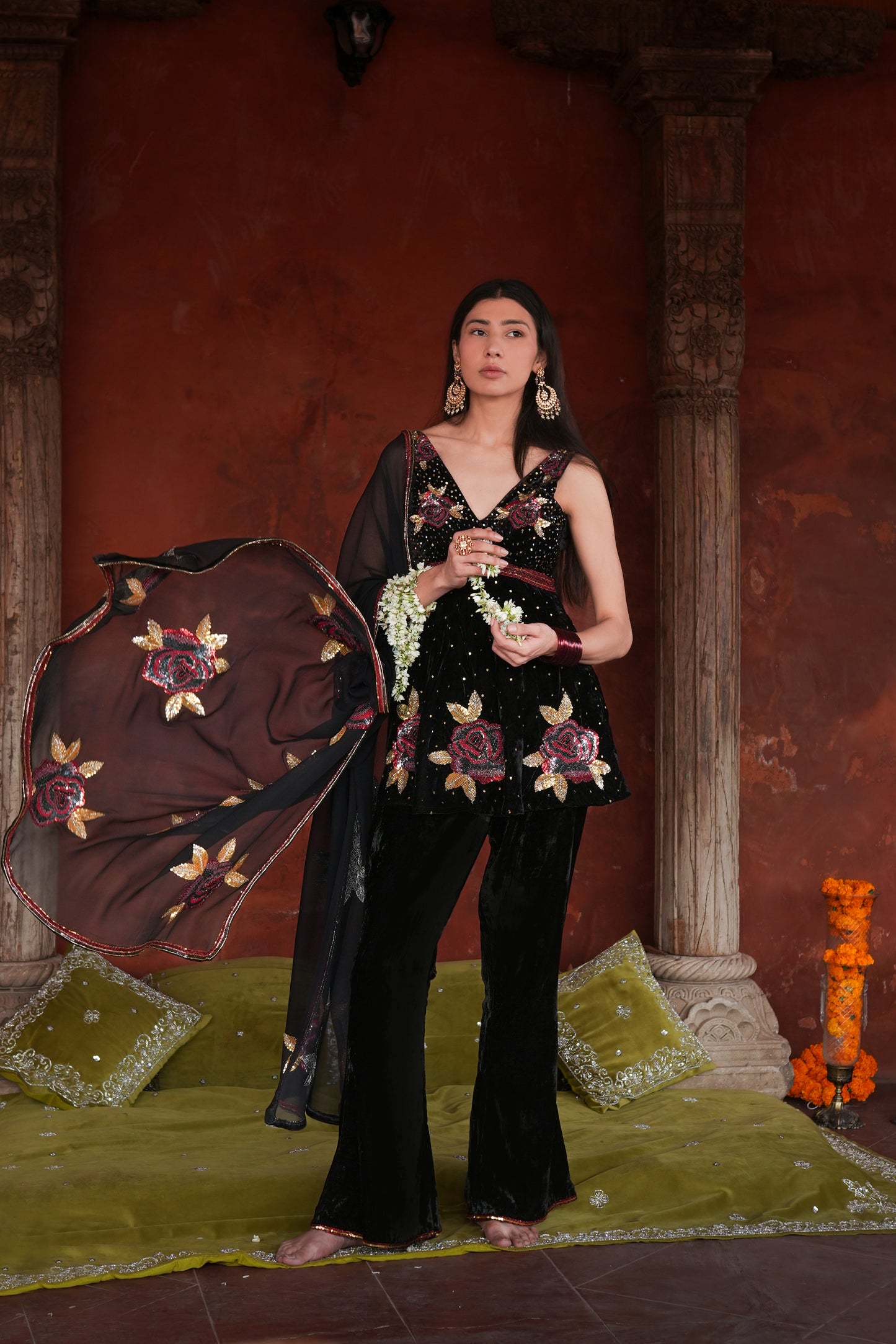 Black Roses Peplum Suit