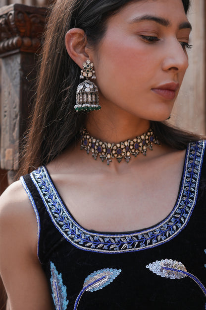 Black, Blue Flower Jaal Set