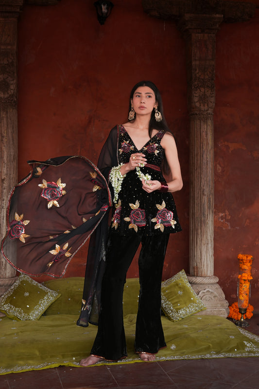 Black Roses Peplum Suit